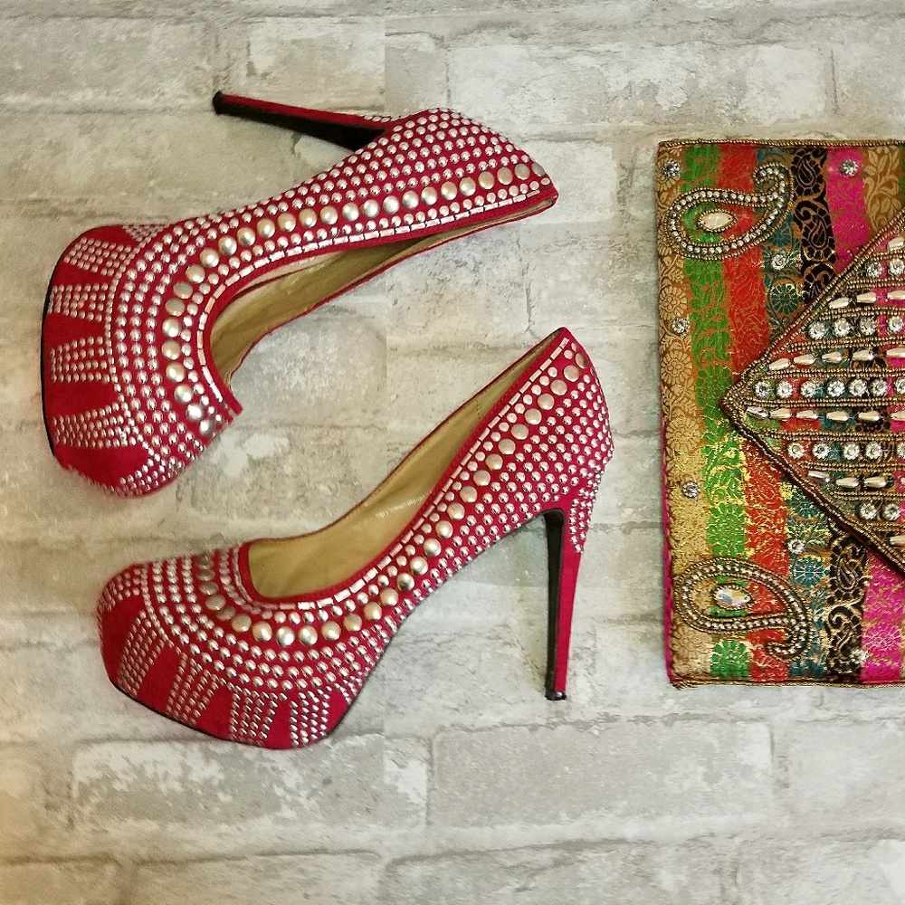 Studded fuschia heels.